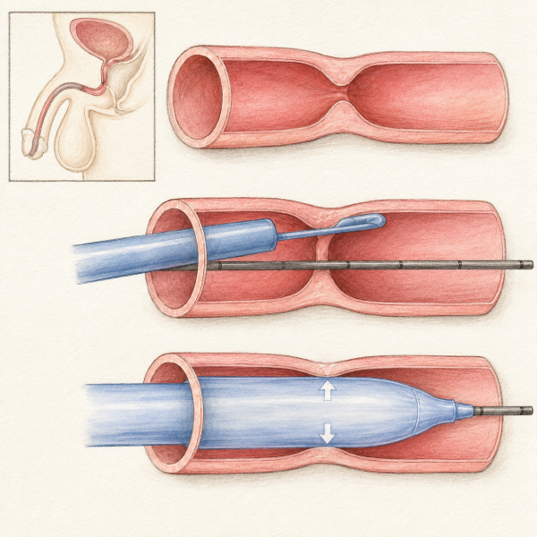 urethral-stricture-balloon-dilation-illustration.png 尿道狹窄氣球擴張術示意圖,說明導線與氣球擴張器如何撐開狹窄尿道。